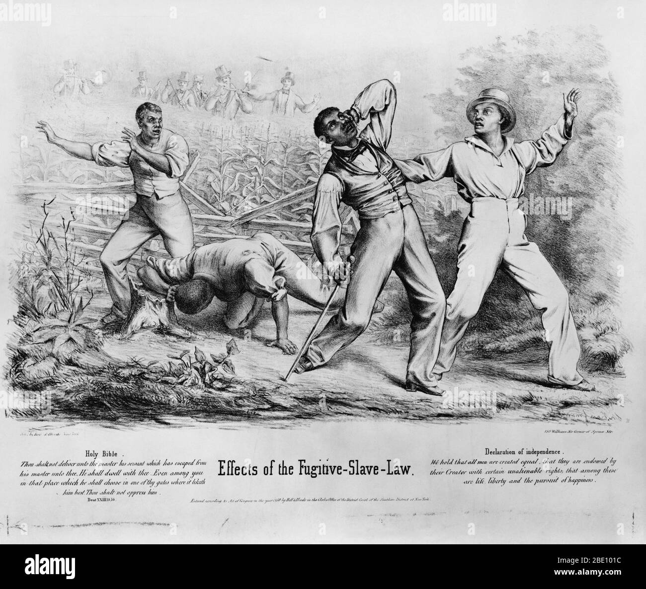 Effects of the Fugitive Slave Law: white men are shown shooting and killing escaped slaves. The Fugitive Slave Law was passed by the United States Congress on September 18, 1850. The Act was one of the most controversial elements of the 1850 compromise and heightened Northern fears of a slave power conspiracy. It required that all escaped slaves, upon capture, be returned to their masters. At the time of Fugitive Slave catchers the North was moving more in the direction of abolition. The Fugitive Slave Law stated that every citizen was responsible for helping to recover and return fugitive sla Stock Photo
