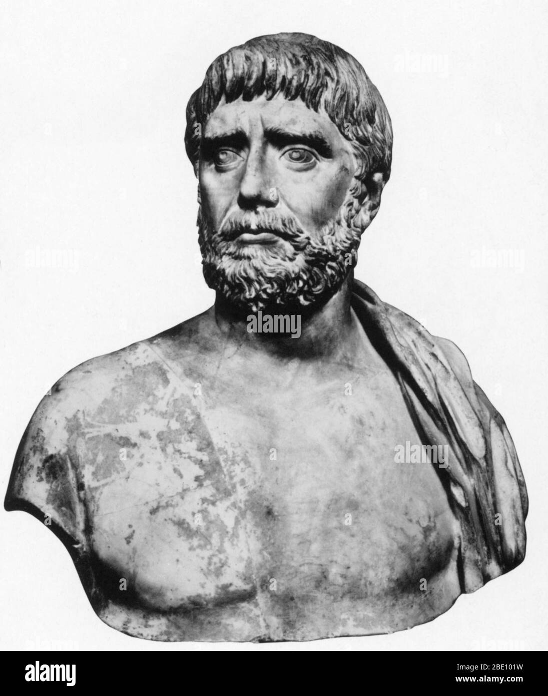 Thales of Miletus (624-546 BC) was a pre-Socratic Greek philosopher, mathematician, astronomer, the first identifiable scientist and one of the Seven Sages of Greece. Thales attempted to explain natural phenomena without reference to mythology and was tremendously influential in this respect. Thales' rejection of mythological explanations became an essential idea for the scientific revolution. In mathematics, Thales used geometry to solve problems such as calculating the height of pyramids and the distance of ships from the shore. He is credited with the first use of deductive reasoning applie Stock Photo