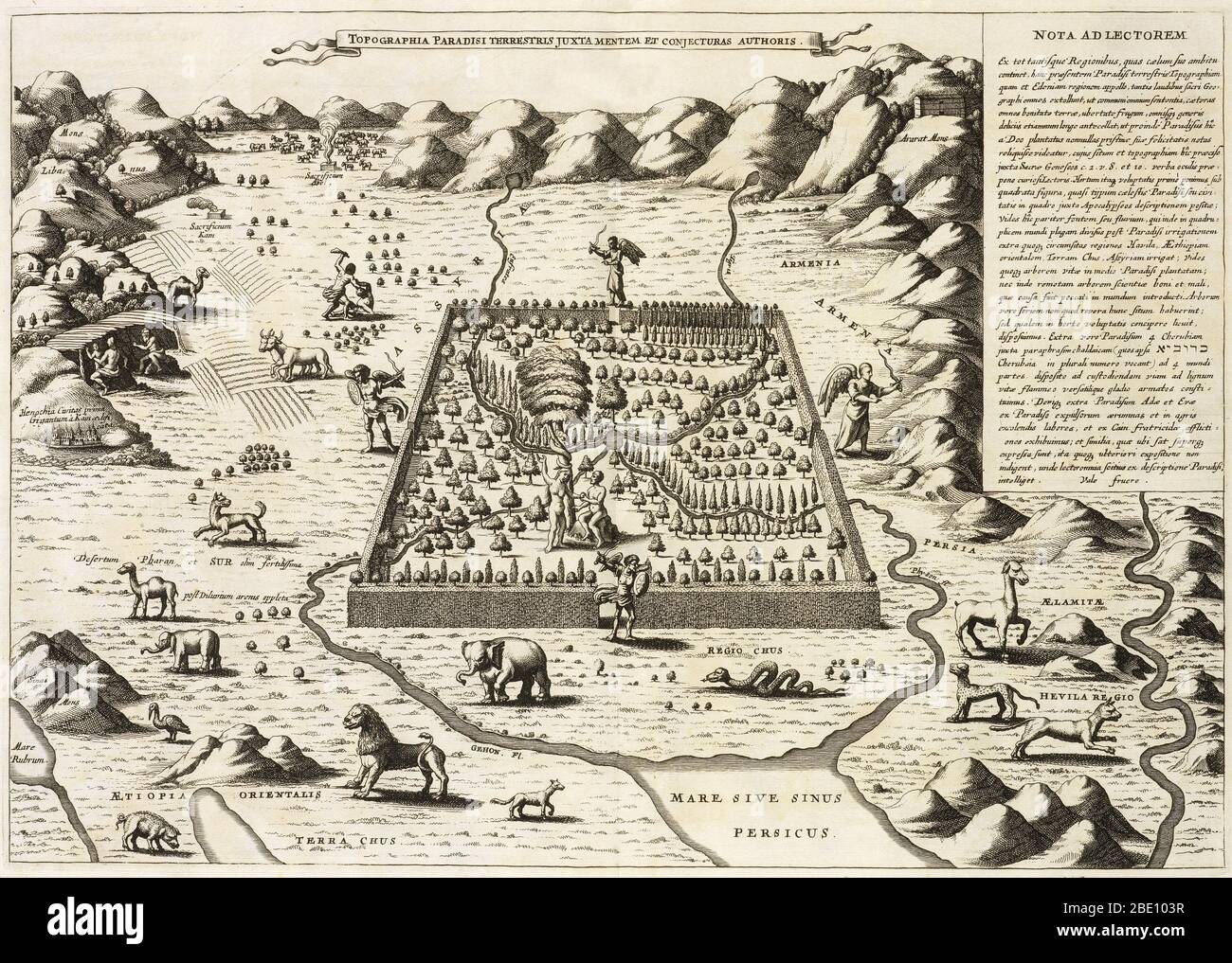 A depiction of the Garden of Eden and 'topography of the earthly paradise' by Athanasius Kircher (1602-1680), from 1675. Adam and Eve can be seen inside the walls, with angels at all four gates. Cain can be seen killing Abel at upper left outside the walls. Athanasius Kircher was a 17th-century German Jesuit scholar and polymath who published around 40 major works, most notably in the fields of 'Oriental studies,' geology, and medicine. Stock Photo