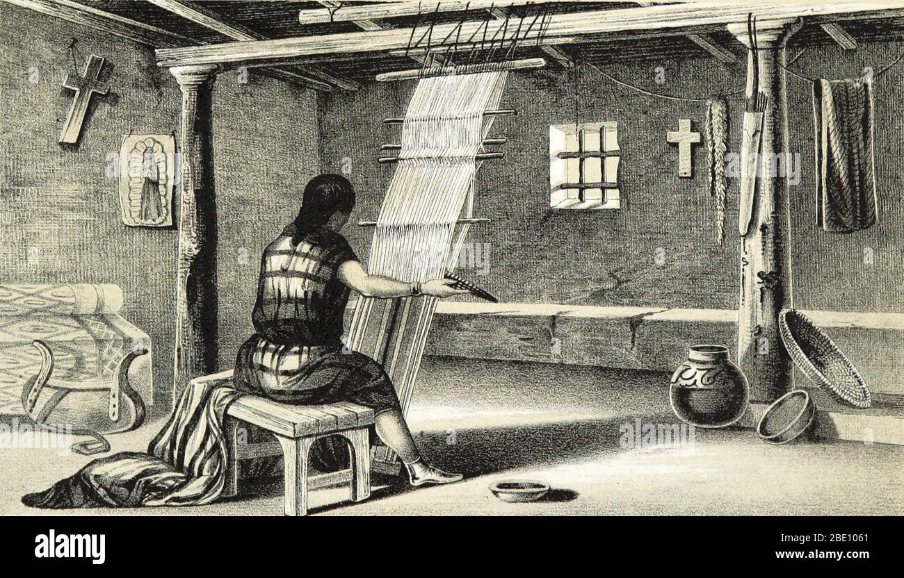 Pueblo Zuni weaving in New Mexico. An Illustration by R. H. Kern from 'Report of an Expedition Down the Zuni and Colorado Rivers in 1851,' by Captain L. Sitgreaves. Lorenzo Sitgreaves, along with a team of topographers, naturalists, artists, and infantrymen explored and mapped the Zuni and Colorado Rivers in America. Sitgreaves' official report was published in 1853. Stock Photo