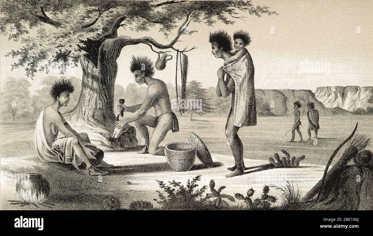 Yampai Indians in southwest America, 1850s. An Illustration by R. H. Kern from 'Report of an Expedition Down the Zuni and Colorado Rivers in 1851,' by Captain L. Sitgreaves. Lorenzo Sitgreaves, along with a team of topographers, naturalists, artists, and infantrymen explored and mapped the Zuni and Colorado Rivers in America. Sitgreaves' official report was published in 1853. Stock Photo