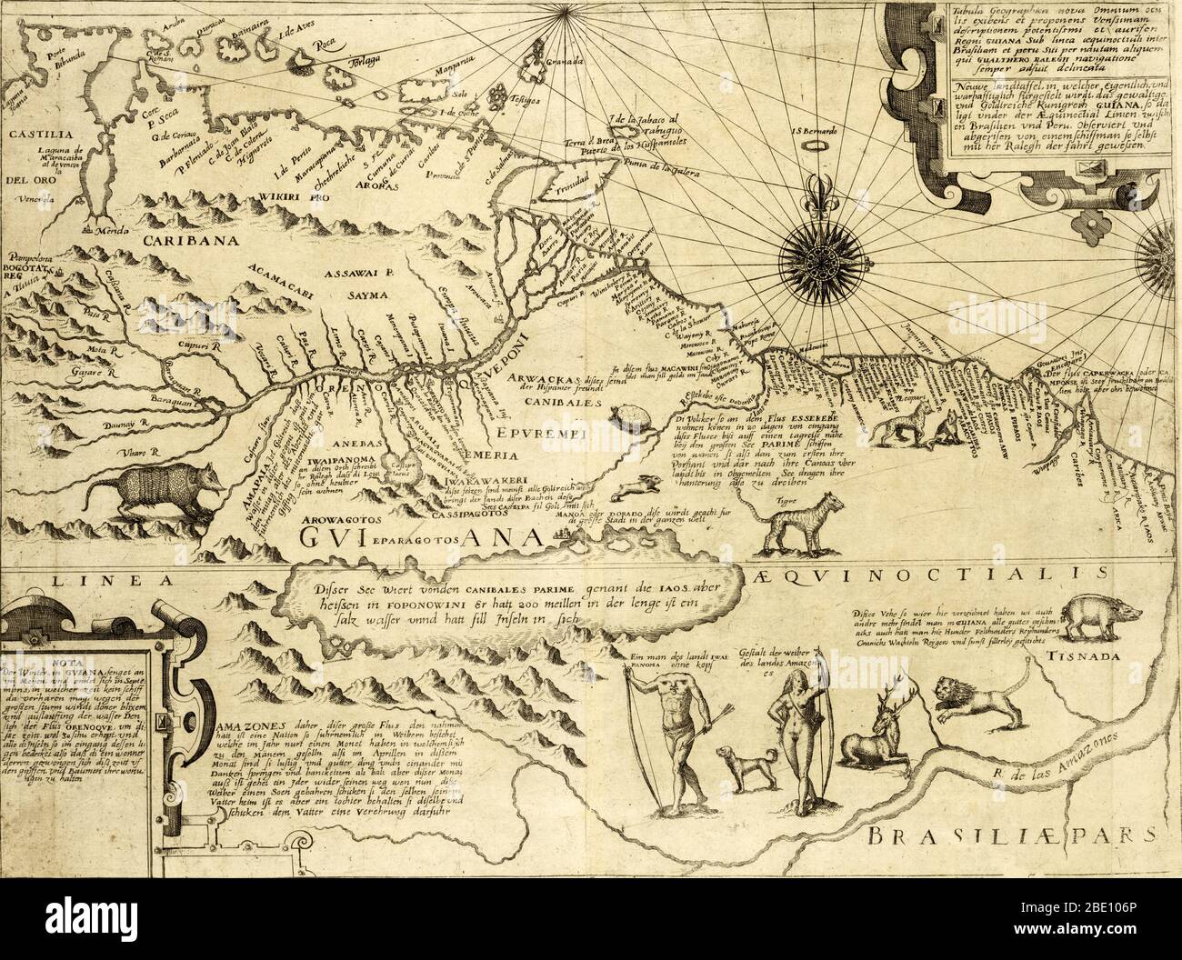 Map of Guyana and Brazil showing the Amazon river, wild animals, a headless man 'of the land Ewaipanoma,' an Amazon woman, and the fictitious Lake Parime, on the north shore of which is located the city of El Dorado. El Dorado was the legendary 'Lost City of Gold' that fascinated explorers since the days of the Spanish Conquistadors and was supposedly located on the legendary Lake Parime in the highlands of Guyana. This map is adapted from a slightly earlier map by Jodocus Hondius, although the title states that the map was 'surveyed and drawn by a sailor who accompanies Walter Raleigh on his Stock Photo