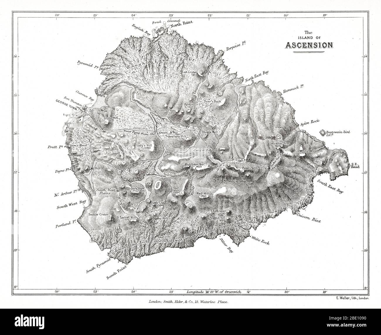 Map of the island of Ascension from Charles Darwin's Geological observations on the volcanic islands and parts of South America visited during the voyage of H.M.S. 'Beagle'. 2d edition. London: Smith Elder and Co., 1876. Ascension Island is an isolated volcanic island in the equatorial waters of the South Atlantic Ocean, around 1,600 kilometres (1,000 mi) from the coast of Africa and 2,250 kilometres (1,400 mi) from the coast of South America, which is roughly midway between the horn of South America and Africa. Stock Photo