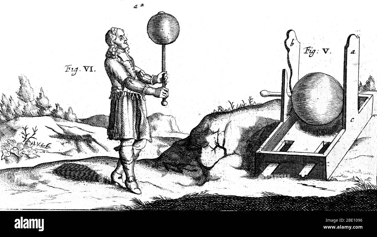 Engraving of the first static electricity generator, designed by German scientist Otto von Guericke (1602-1686). Guericke was a German scientist, inventor, and politician. His major scientific achievements were the establishment of the physics of vacuums, the discovery of an experimental method for clearly demonstrating electrostatic repulsion, and his advocacy of the reality of action at a distance and of absolute space. In 1660-63 Guericke constructed a large ball of sulphur which could be turned on a spindle. As he rubbed his hand on it he noticed that the friction caused it to become stron Stock Photo