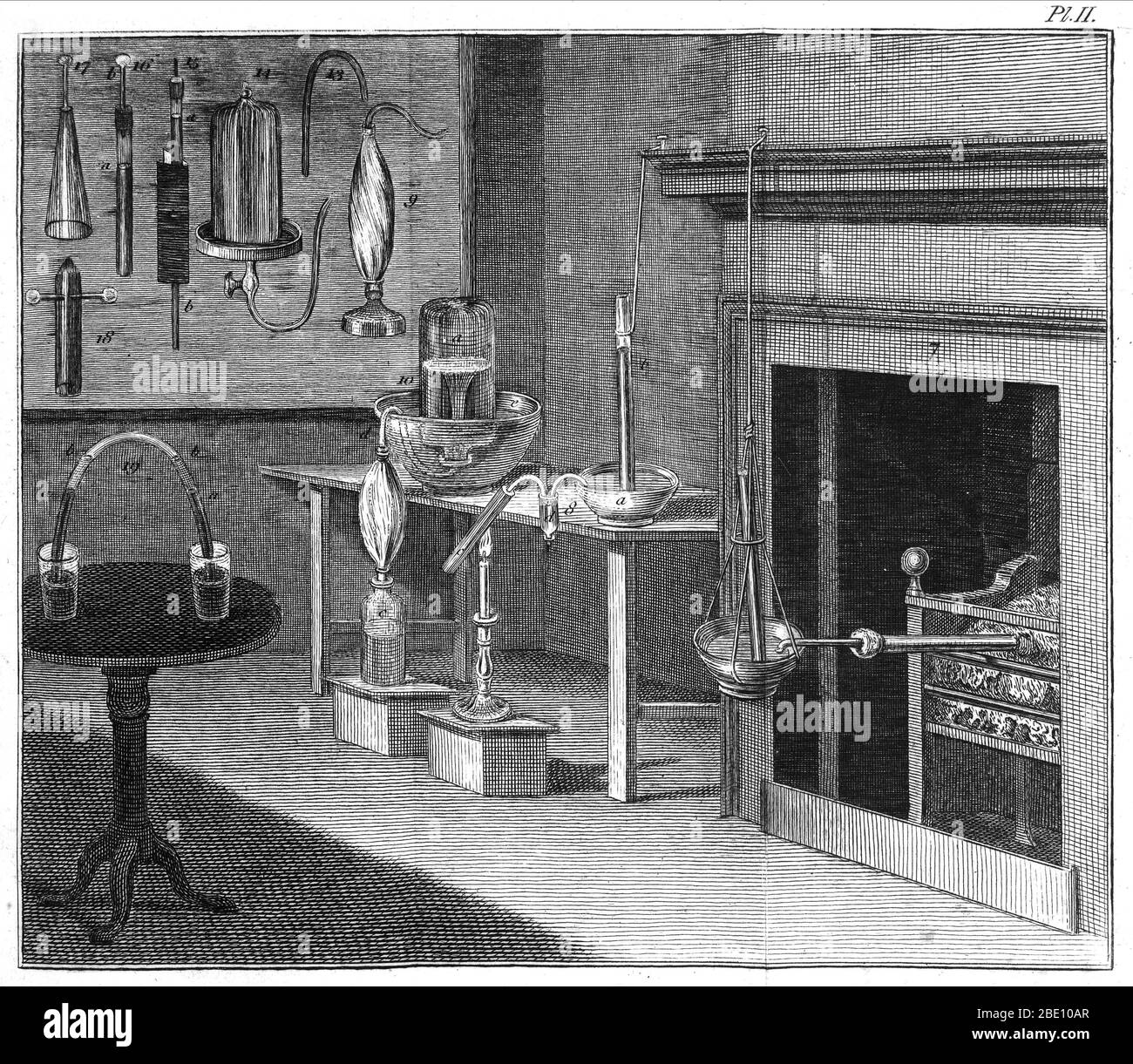 Chemical apparatus used by Joseph Priestley for his experiments on fixed air, 1790. Joseph Priestley (1733-1804) was an English theologian, natural philosopher, chemist, educator, and political theorist. His most famous scientific research was on the nature and properties of gases. By clever design of apparatus and careful manipulation, Priestley isolated and characterized eight gases, including oxygen, and out of this work emerged his most important scientific texts: the six volumes of Experiments and Observations on Different Kinds of Air (1774-86), from which this image is taken. He also co Stock Photo