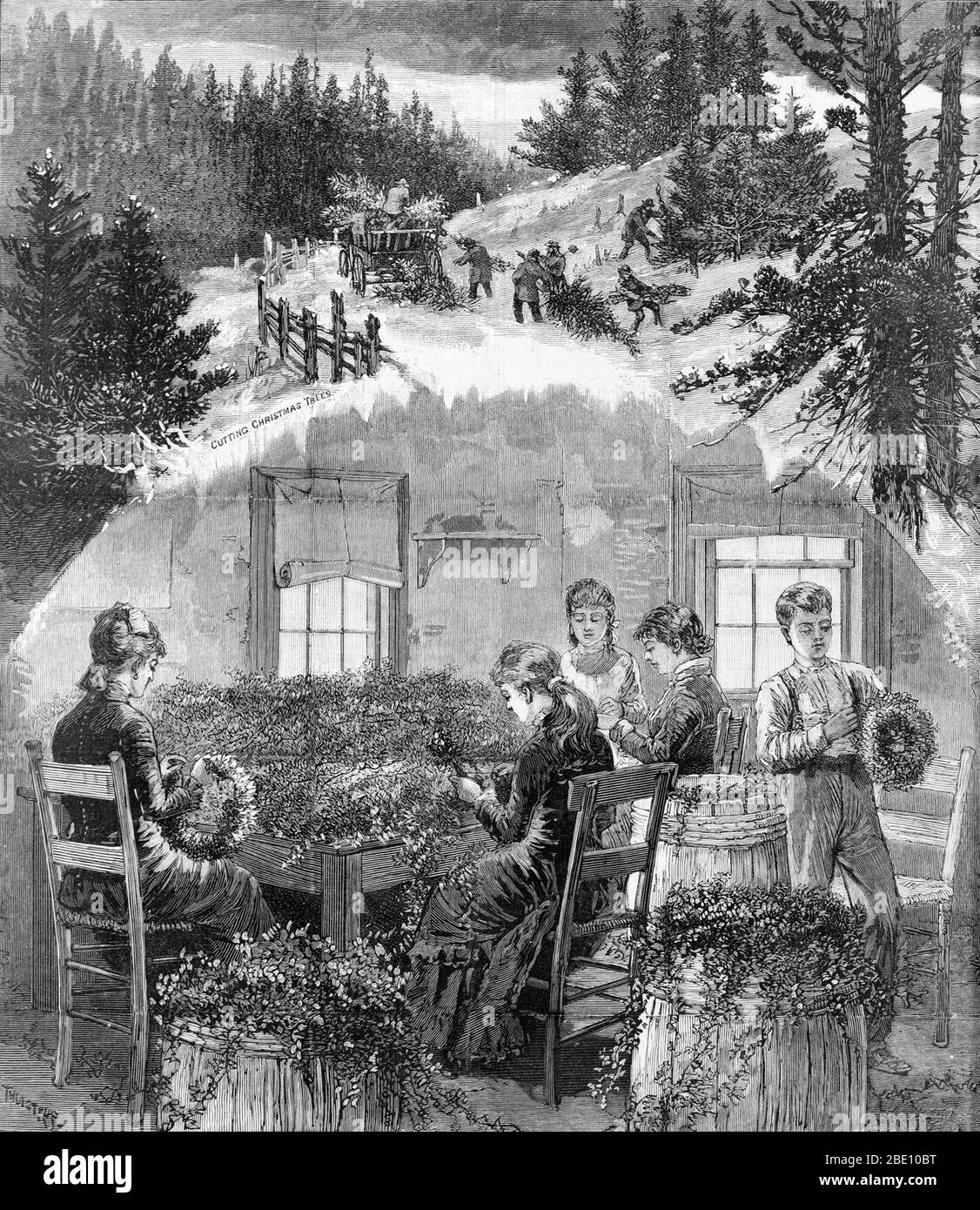 Entitled: 'Preparing Christmas greens. Making wreaths.' Wood engraving showing four women and a boy making wreaths, and scene of people cutting Christmas trees. Christmas wreaths are made from real or artificial conifer branches, or sometimes other broadleaf evergreens like magnolia or holly, along with pinecones and sprays of berries, and Christmas ornaments. A bow is usually used at the top or bottom, and an electric or unlit candle may be placed in the middle. Christmas is an annual commemoration of the birth of Jesus Christ and a widely observed cultural holiday, celebrated on December 25 Stock Photo
