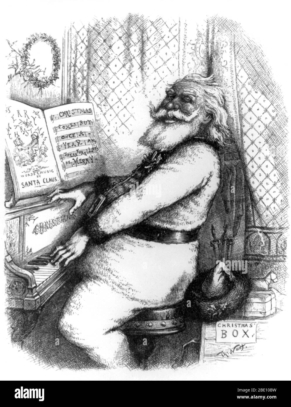 Entitled: 'For he's a jolly good fellow, so say we all of us' engraving of Santa Claus playing the piano. Santa Claus, also known as Saint Nicholas, Father Christmas, Kris Kringle and simply Santa, is a figure with legendary, historical and folkloric origins who, in many Western cultures, is said to bring gifts to the homes of the good children on December 24th, the night before Christmas Day. He is generally depicted as a portly, joyous, white-bearded man, sometimes with spectacles, wearing a red coat with white collar and cuffs, white-cuffed red trousers, and black leather belt and boots and Stock Photo
