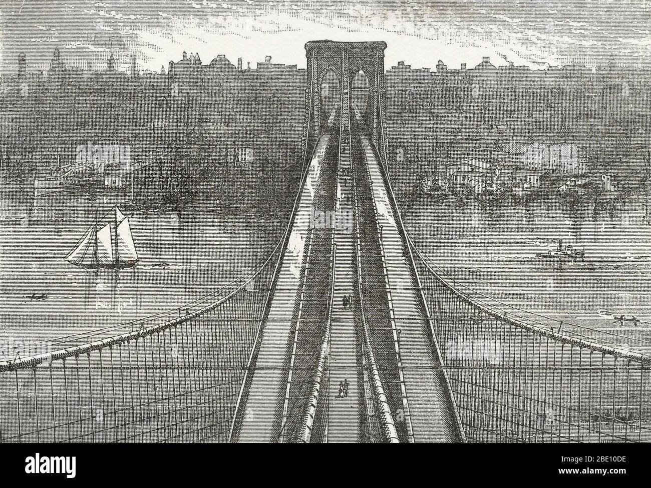 The view from the top of Brooklyn Tower, looking down upon the Brooklyn bridge and towards New York. From an unidentified brochure about the bridge, 1883. The Brooklyn Bridge is one of the oldest suspension bridges in the United States. Completed in 1883, it connects the boroughs of Manhattan and Brooklyn by spanning the East River. With a main span of 1,595.5 feet, it was the longest suspension bridge in the world from its opening until 1903, and the first steel-wire suspension bridge. Originally referred to as the New York and Brooklyn Bridge and as the East River Bridge, it was formally nam Stock Photo