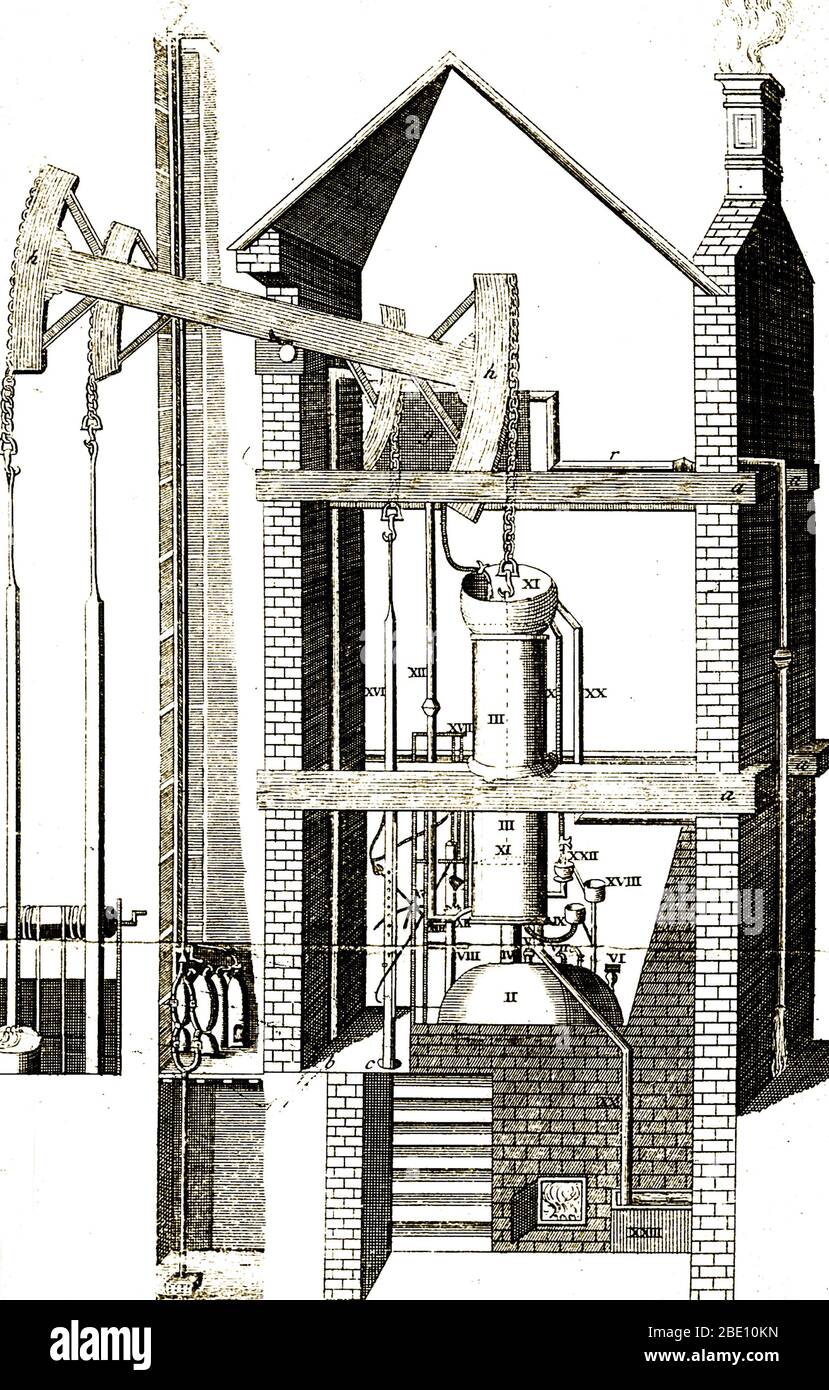 Engraving of a Newcomen steam-engine, c. 1747. Historical artwork of the steam engine patented by Thomas Newcomen (1663-1729) in 1705. The Newcomen atmospheric engine was the first to have a 'walking beam' pivoted arm (top) to transfer power between the piston and the rod. It was used to pump water out of coal mines. The piston was driven down by the pressure of a partial vacuum in the cylinder, causing the rod to be drawn upwards. As steam in the cylinder condensed the piston was forced up, and the rod forced down. This is the first true steam engine. Stock Photo