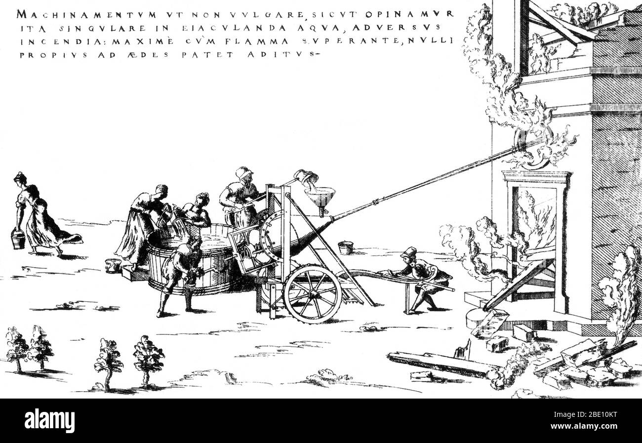 Early pumpers used cisterns as a source of water. Jacques Besson (1540 - 1573) was a French inventor, mathematician, and philosopher, chiefly remembered for his popular treatise on machines Theatrum Instrumentorum (1571-72), which saw many reprints in different languages. Besson's work was a collection of his own new inventions with detailed illustrations of each engraved by Jacques Androuet du Cerceau to his specifications. Some of his designs suggested important improvements to lathes and the waterwheel. The Latin captions to the highly detailed drawings were sparse, however, which would see Stock Photo