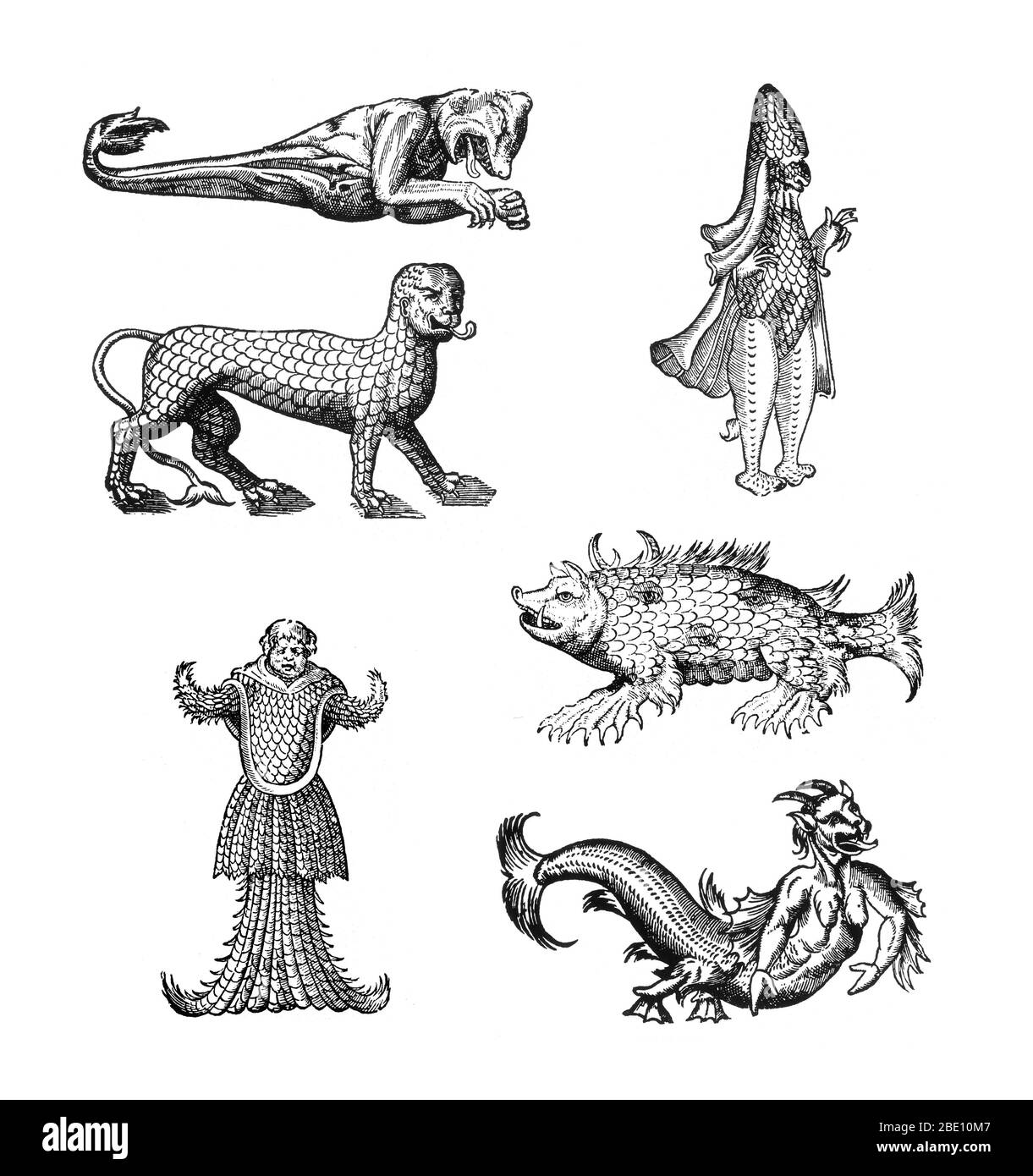 Woodcuts of sea monsters from Des Monstres et prodiges by Ambroise Paré, 1573, clockwise from top left: 'marine monster having the head of a bear and the arms of a monkey', 'marine monster resembling a Bishop dressed in his pontifical garments', 'marine sow', 'hideous figure of a Sea Devil', 'marine monster having the head of a Monk, armed and covered with fish scales', 'marine lion covered in scales'. Des Monstres is filled with unsubstantiated accounts of sea devils, marine sows, and monstrous animals with human faces. With its extensive discussion of reproduction and illustrations of birth Stock Photo