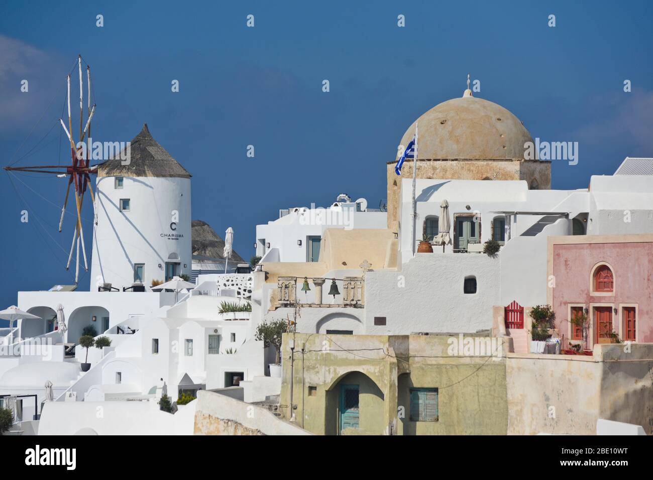 Oia, Santorini: iconic windmill in the caldera area. Greece Stock Photo