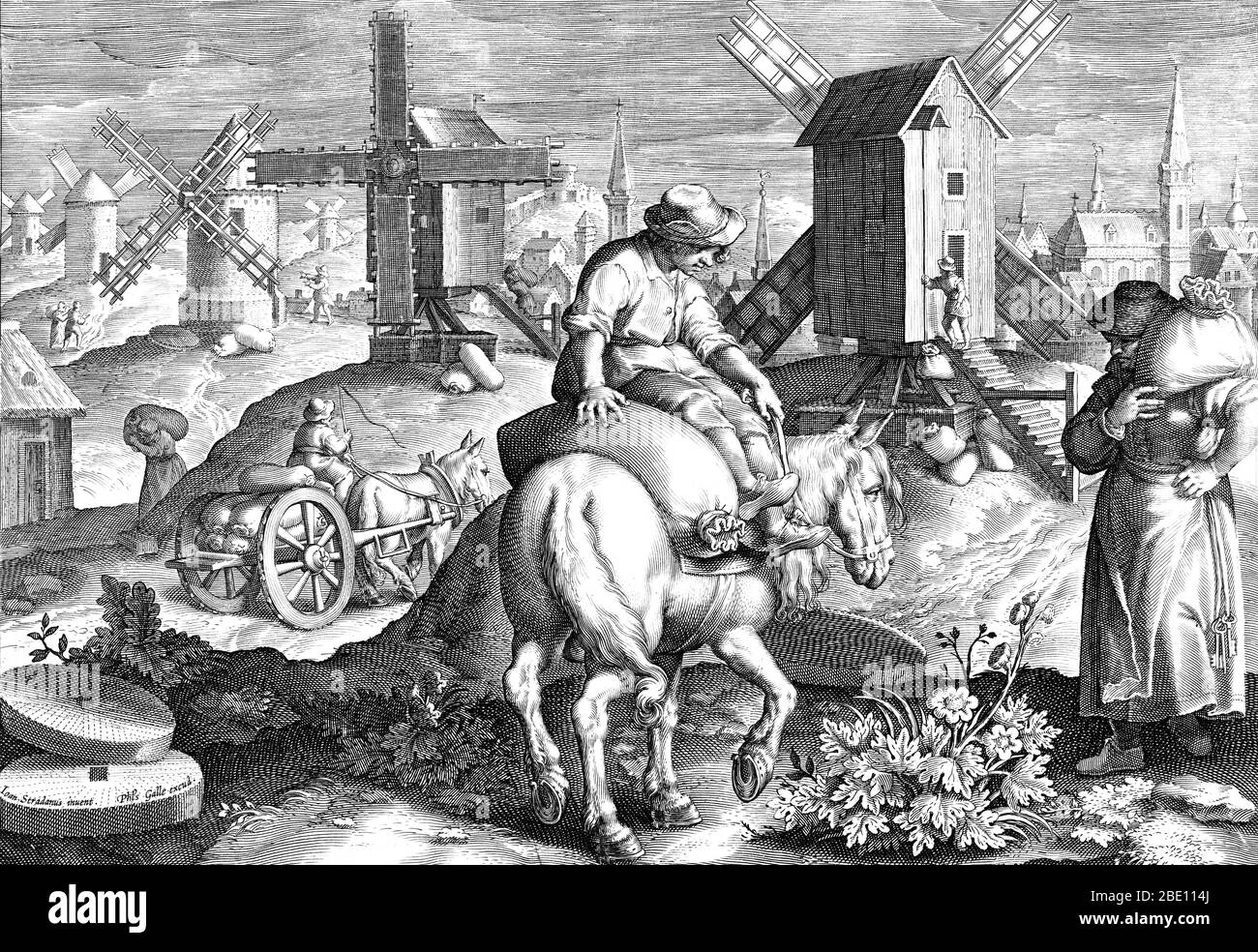 PLATE 11. The Invention of the Windmill. Eleventh plate from a print series entitled Nova Reperta (New Inventions of Modern Times) consisting of a title page and 19 plates, engraved by Jan Collaert I, after Jan van der Straet, called Stradanus, and published by Philips Galle. Illustration of several wind mills in a landscape. A town with its churches is depicted in the background on the right. In the middle ground a woman carries a sack on her back, a man drives a horse-drawn carriage with more sacks, and a man draws a sack down from the top of a wind mill. In the foreground a man carries a sa Stock Photo