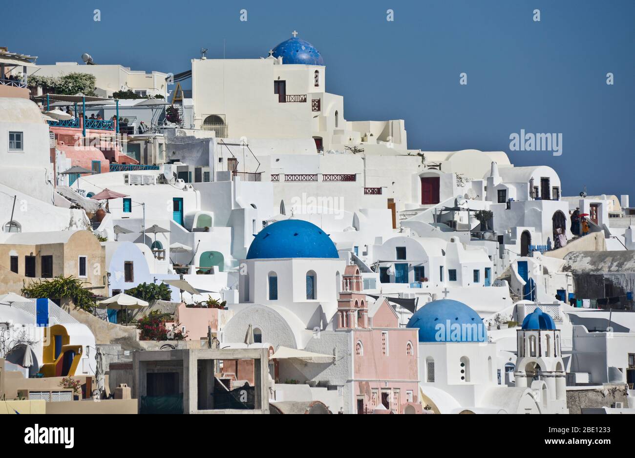 Blue dome churches in Oia, Santorini. Greece Stock Photo