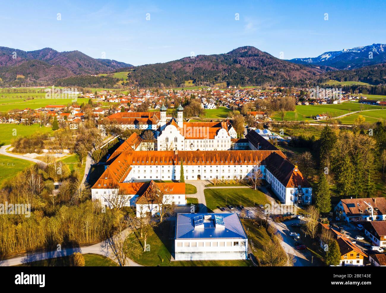 Benediktbeuern monastery and village Benediktbeuern, Toelzer Land, drone recording, Alpine foothills, Upper Bavaria, Bavaria, Germany Stock Photo