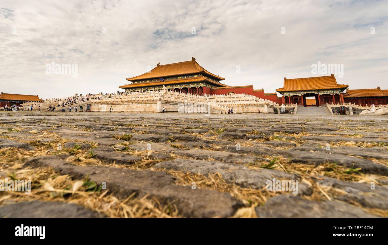 The low and wide angle view of the courtyard and the hall of supreme harmony in forbidden city, Beijing, China. Stock Photo