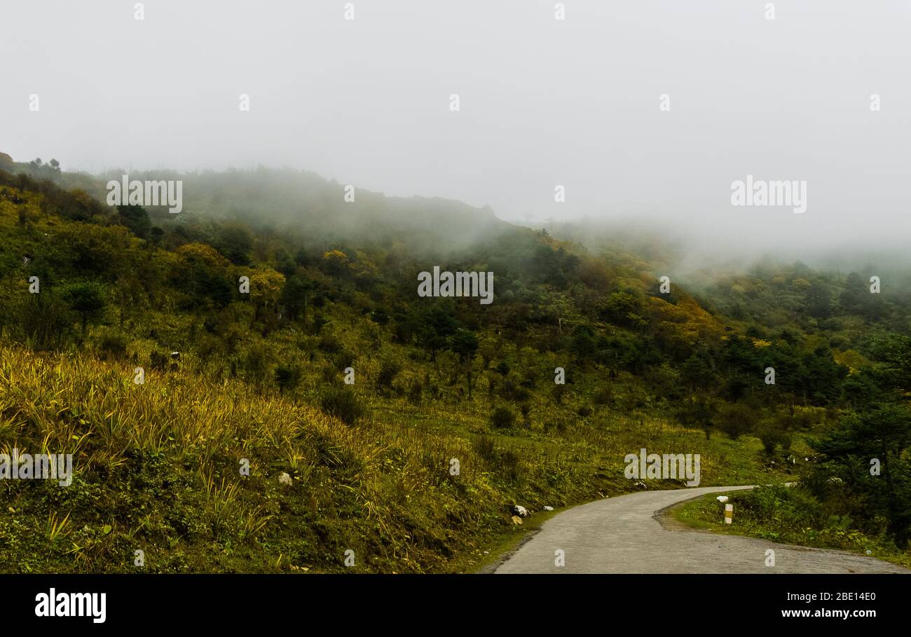 chele la pass over view to Paro town in bhutan kingdom of peace Stock Photo