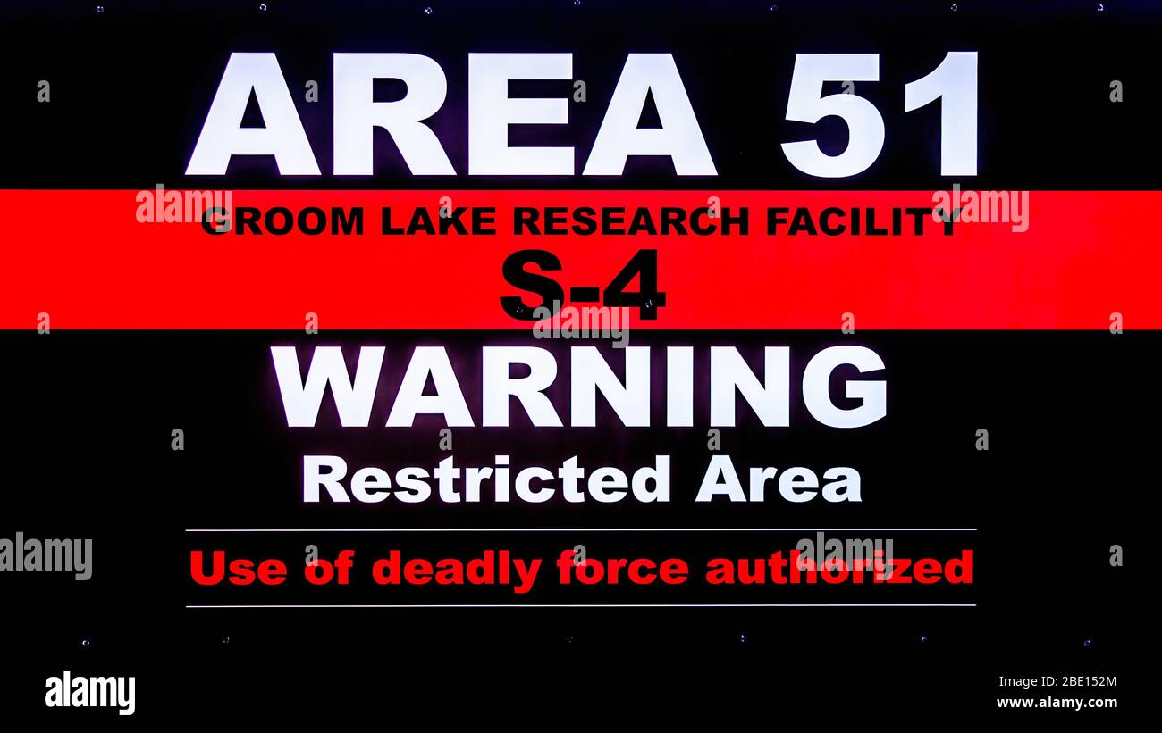 Crystal Springs, Nevada/USA - Oct 6 2019. Warning Sign at the Alien Research Center souvenir shop at Area 51 at the start of the Extraterrestrial High Stock Photo