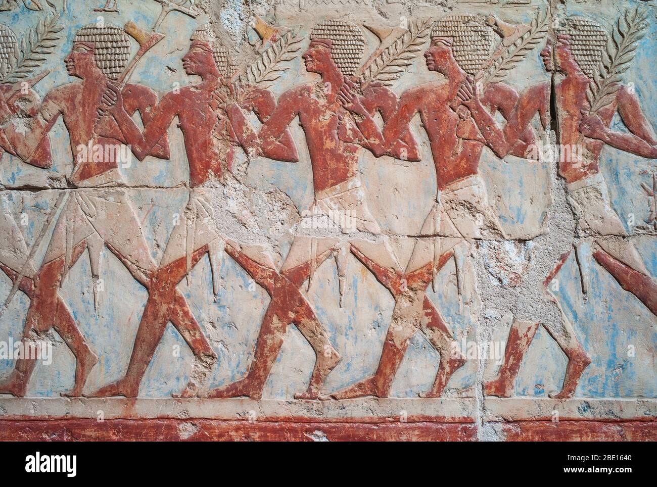 Ancient Relief of the Trading Expedition of Queen Hatshepsut to the Land of Punt in the mortuary temple of the Pharaoh at Deir El-Bahri, Egypt Stock Photo