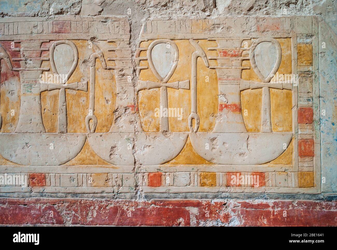 Ankh, Sign of Life, Djed, Pillar, and Was, Dominion, Hieroglyphs in the Temple of Hatshepsut in Deir El-Bahari, Egypt, an Ancient Bas Relief Fresco Stock Photo