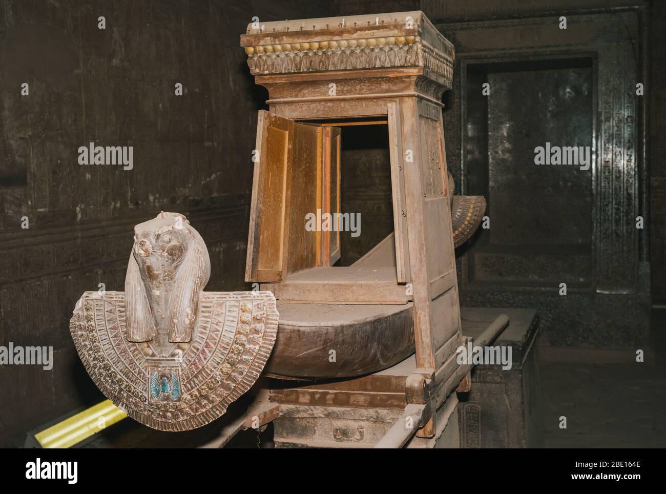 Reconstruciton of the Sacred Barge of Horus or Solar Bark and Shrine of Nectanebo in the Inner Sanctuary of Edfu Temple of Horus, Egypt Stock Photo