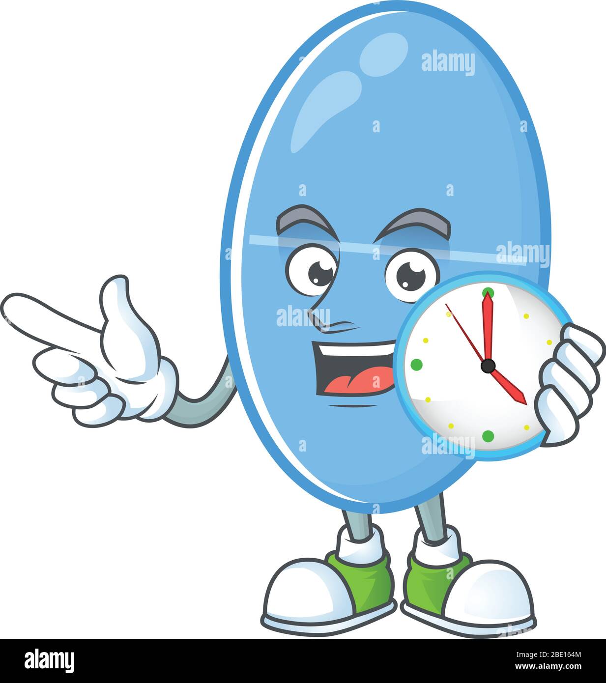 Blue capsule mascot design concept holding a circle clock Stock Vector