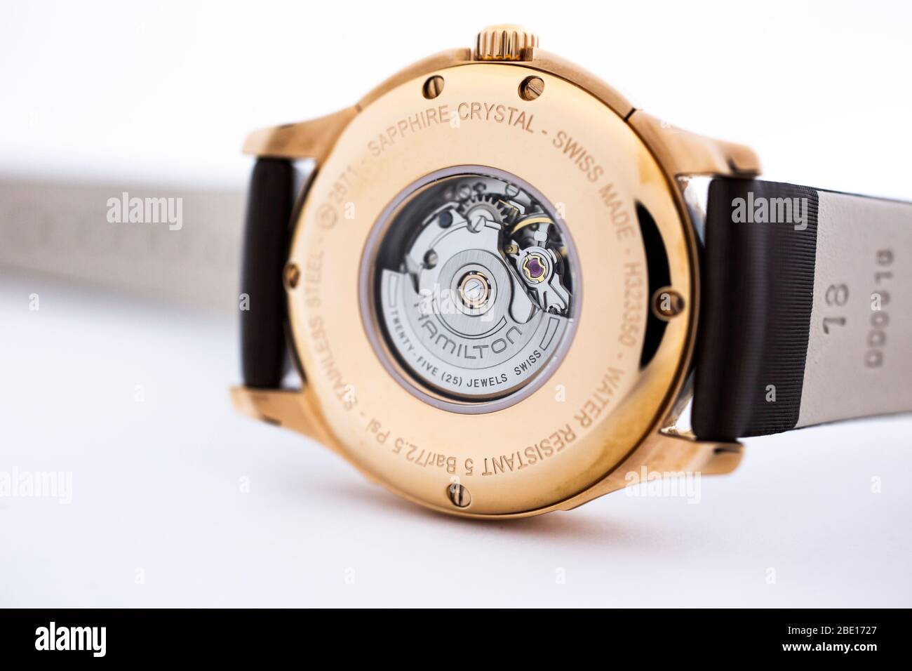 Biel, Switzerland 31.03.2020 - The close up of Hamilton watch stainless  steel case gold PVD coating back case leather strap swiss quartz mechanical  Stock Photo - Alamy