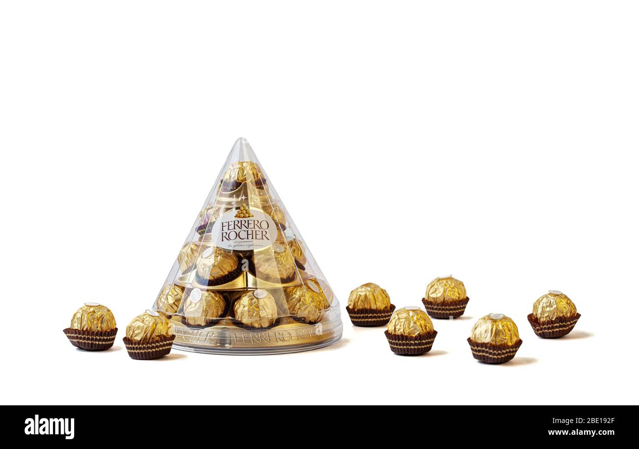 Melbourne, Australia circa February 2020: Ferrero Rocher chocolate box with individual chocolates isloated on white background with copy space Stock Photo