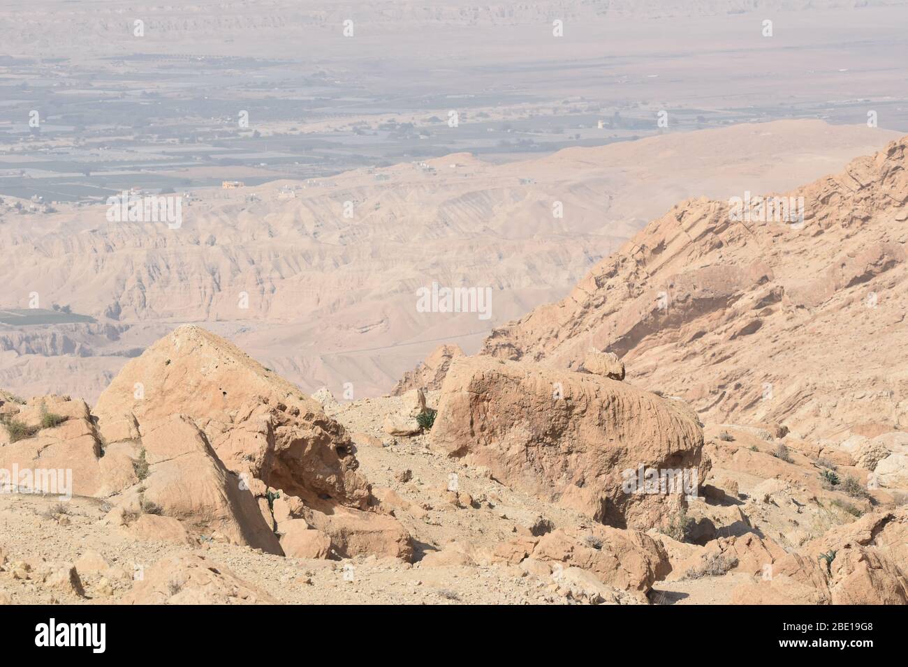 View of the Dead Sea. Al Karak Fortress in Jordan. The ruins of the castle located on a high slope. Stock Photo