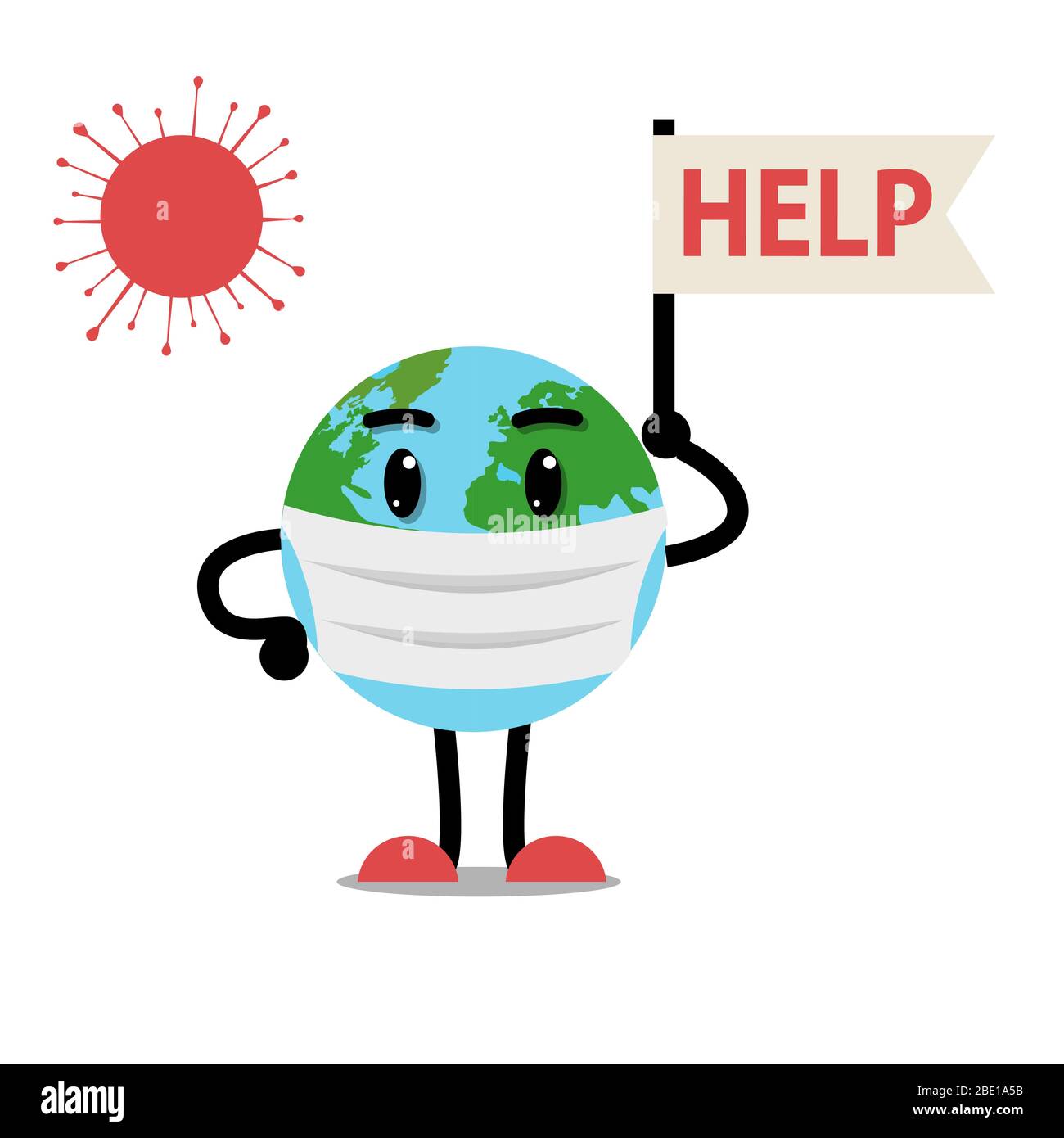Sad Earth planet ask help character on a medical mask.Vector flat style illustration icon design. Isolated on white background. Eco friendly,save ecol Stock Vector
