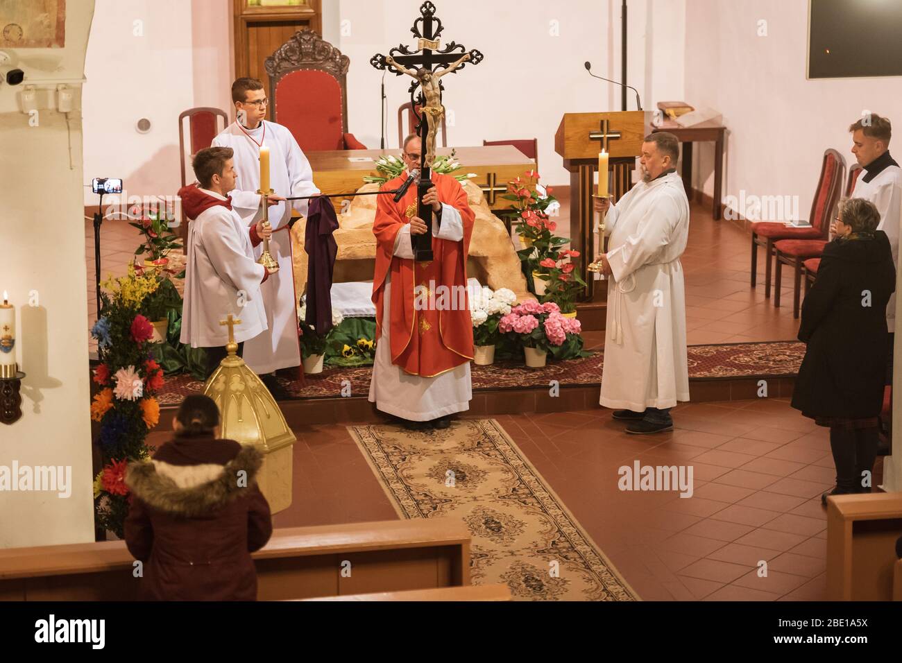TYMOWA, POLAND APRIL 10, 2020. The Passion liturgy in the Church Our