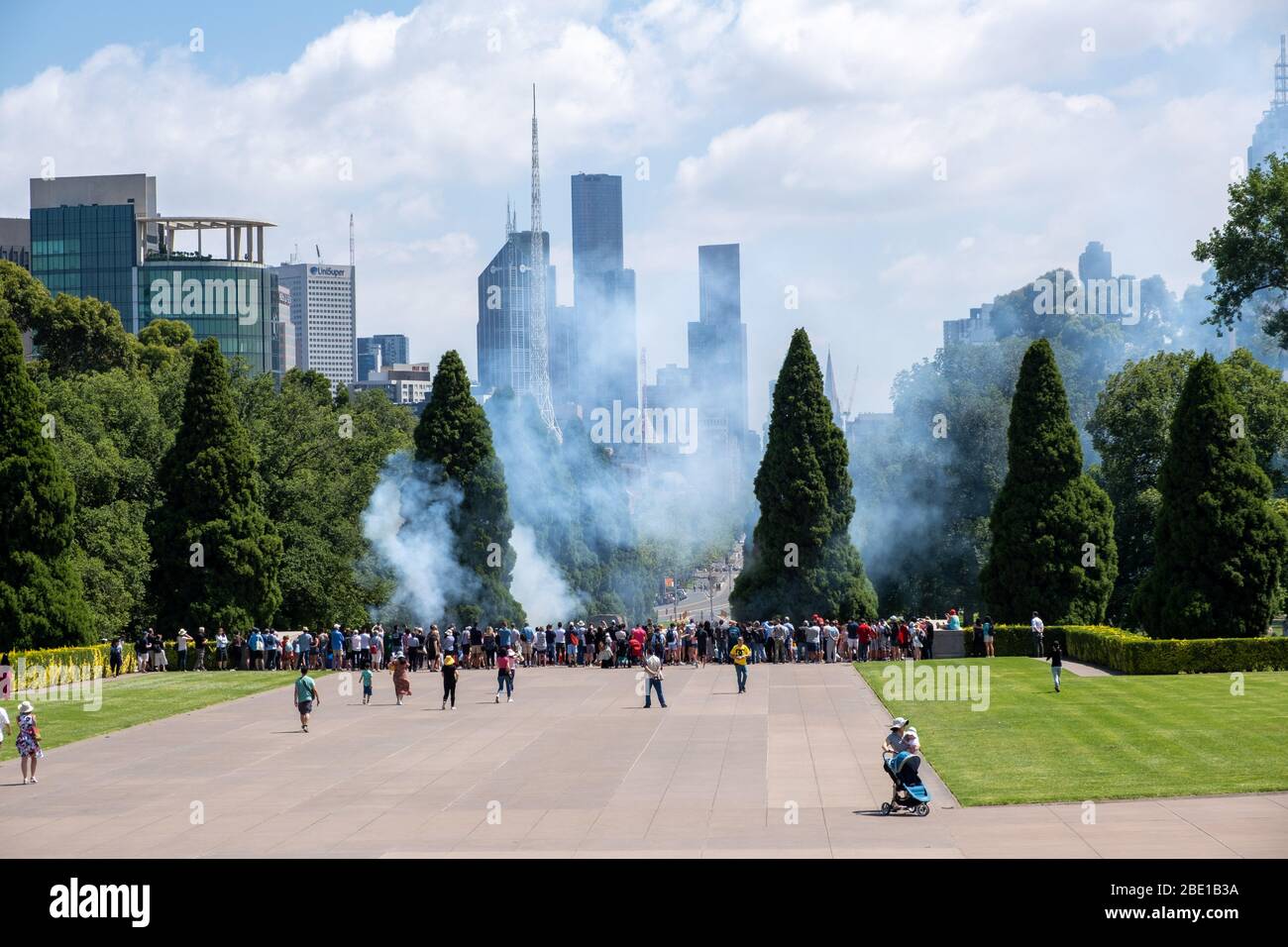 Melbourne, Australia - January 26, 2020: Tourists gather to watch cannon fire on Shrine of Remembrance promenade on Australia Day Stock Photo