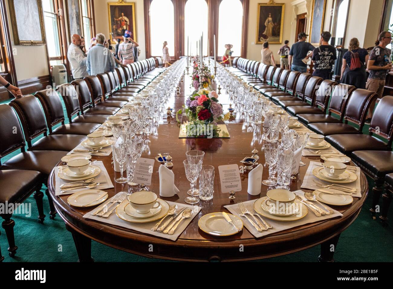 Melbourne, Australia - January 26, 2020: Government House state dining room with telescopic table of Spanish mahogany and Australian red cedar that ca Stock Photo