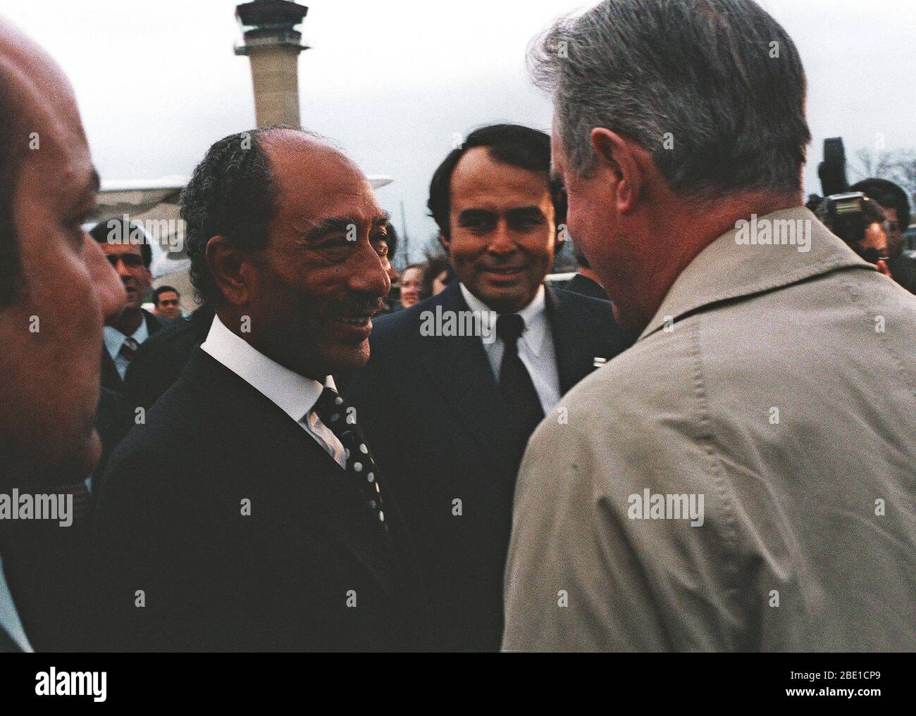 1980 - President Anwar Sadat of Egypt is welcomed by Secretary of State Cyrus Vance upon his arrival in the United States for a visit. Stock Photo