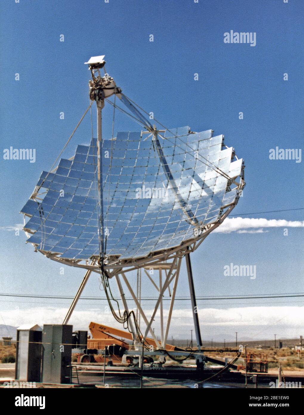 A view of one of the experimental parabolic dish concentrator modules operated by the Jet Propulsion Laboratory at the Test Bed Concentrator Site.  The module has achieved temperatures of 1,500 degrees Farenheit. Stock Photo