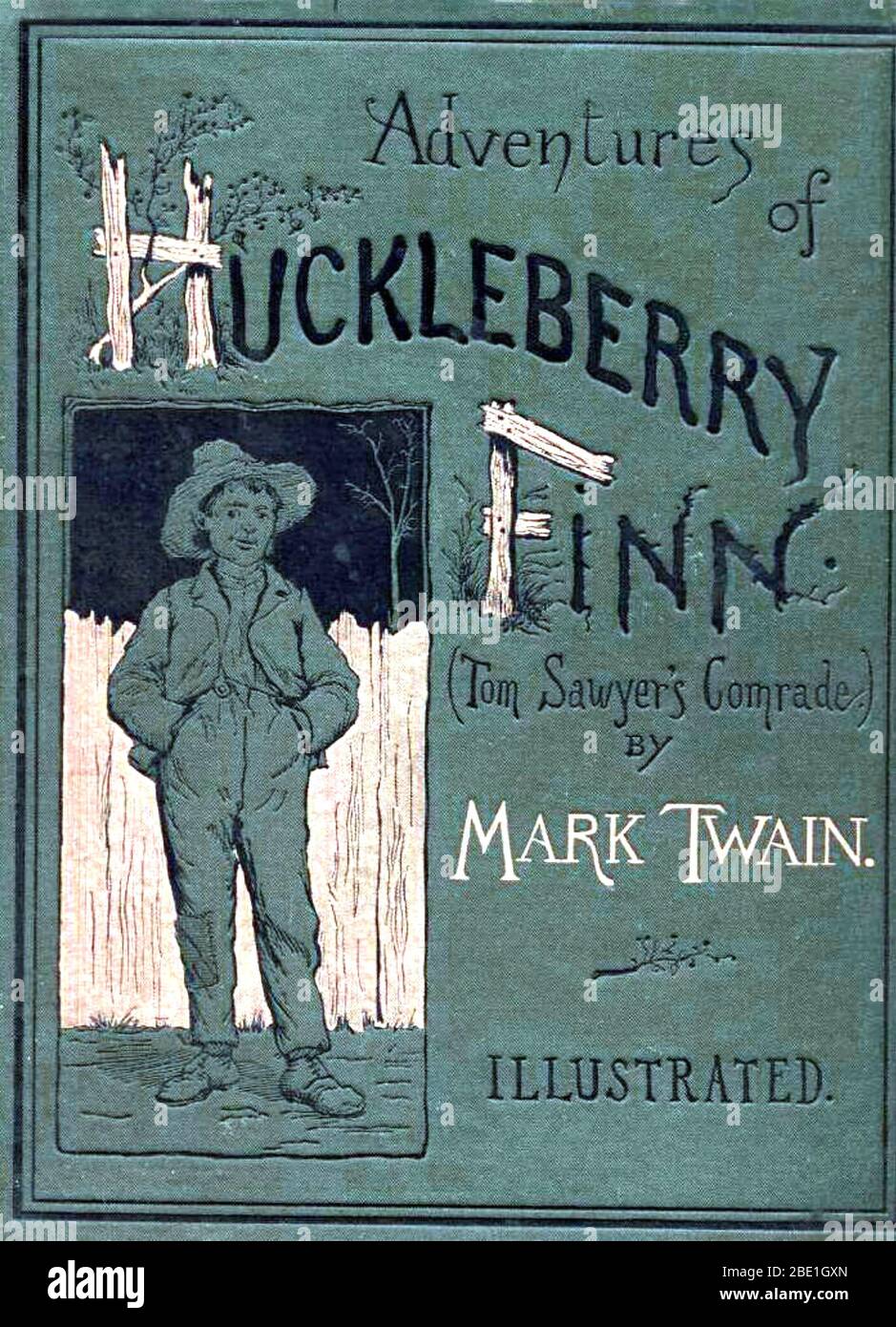 HUCKLEBERRY FINN by Mark Twain. Cover of the original 1884 edition with illustration by Edward Kemble Stock Photo