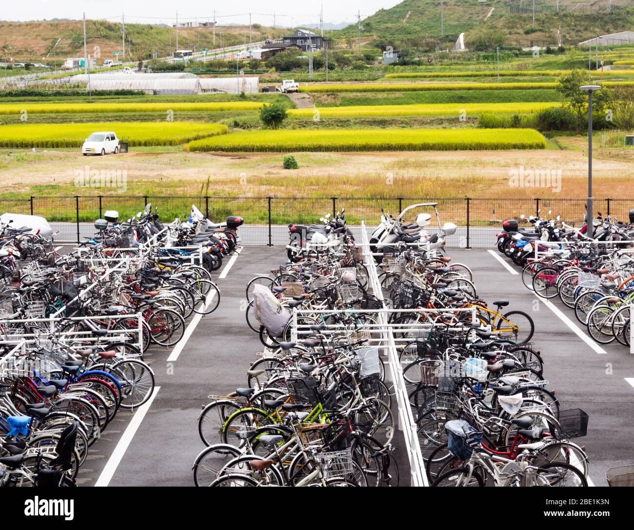 Heguri, Japan - October 1, 2015: Bicycles parked in front of JR train station in rural Nara prefecture Stock Photo