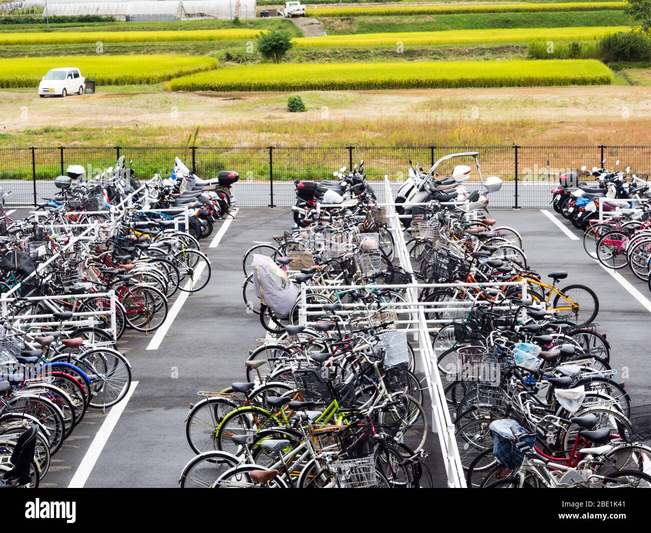 Heguri, Japan - October 1, 2015: Bicycles parked in front of JR train station in rural Nara prefecture Stock Photo