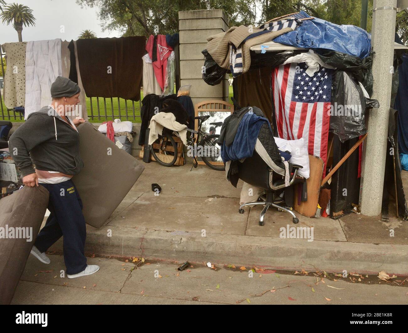 Los Angeles, United States. 11th Apr, 2020. Homeless veterans socialize at an encampment, adjacent to the West Los Angeles VA Medical Center during the coronavirus pandemic in Los Angeles on Friday, April 10, 2020. Photo by Jim Ruymen/UPI Credit: UPI/Alamy Live News Stock Photo