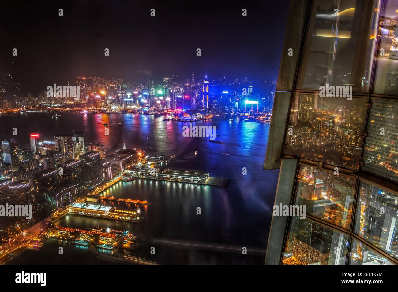 Aerial View of City Neon Lights and Skyscrapers at Night, Hong Kong ...