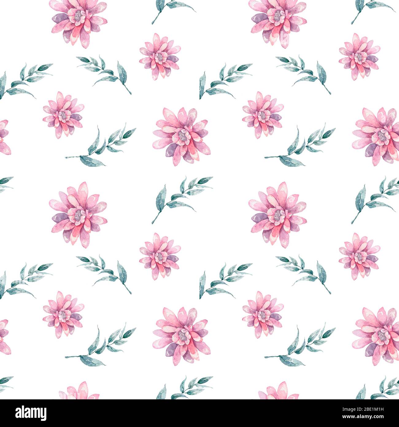 Hand drawn watercolor white pink blossom flowers and green leaves ...
