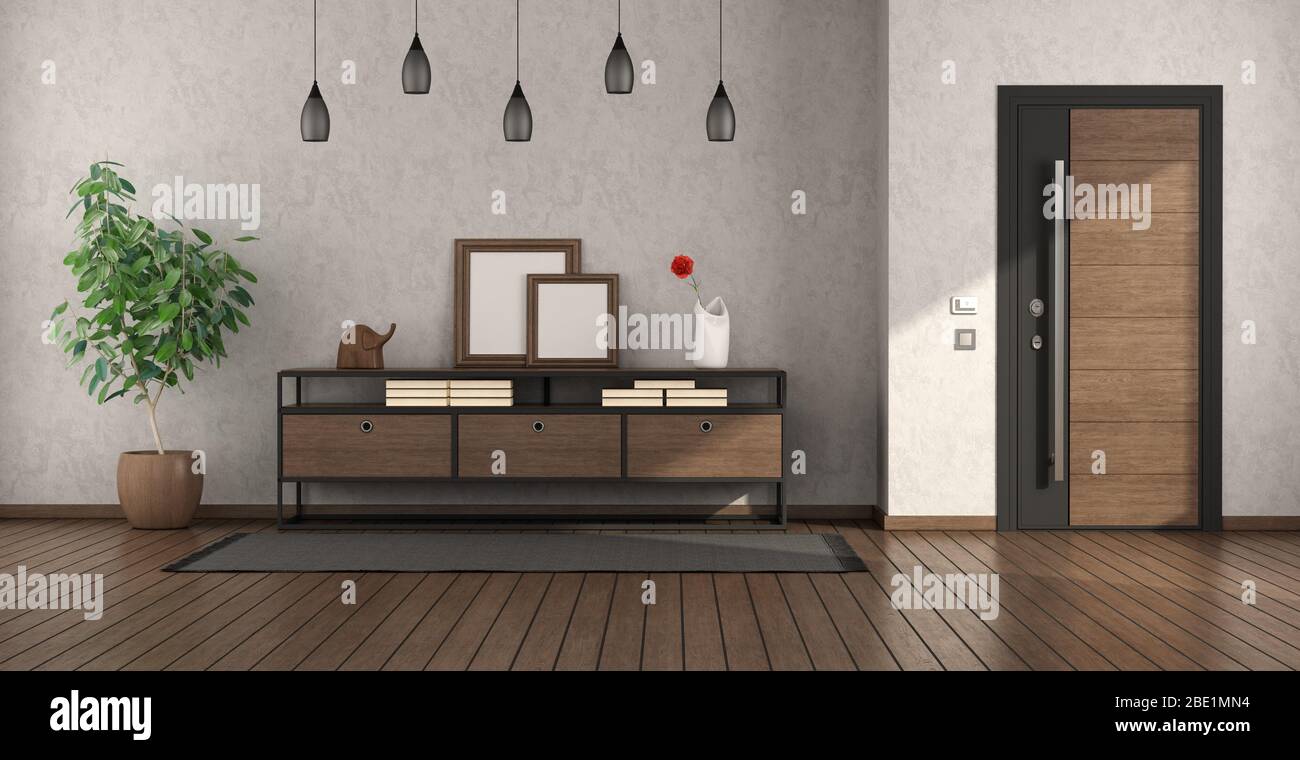 Minimalist home entrance with closed door and sideboard with decor objects - 3d rendering Stock Photo