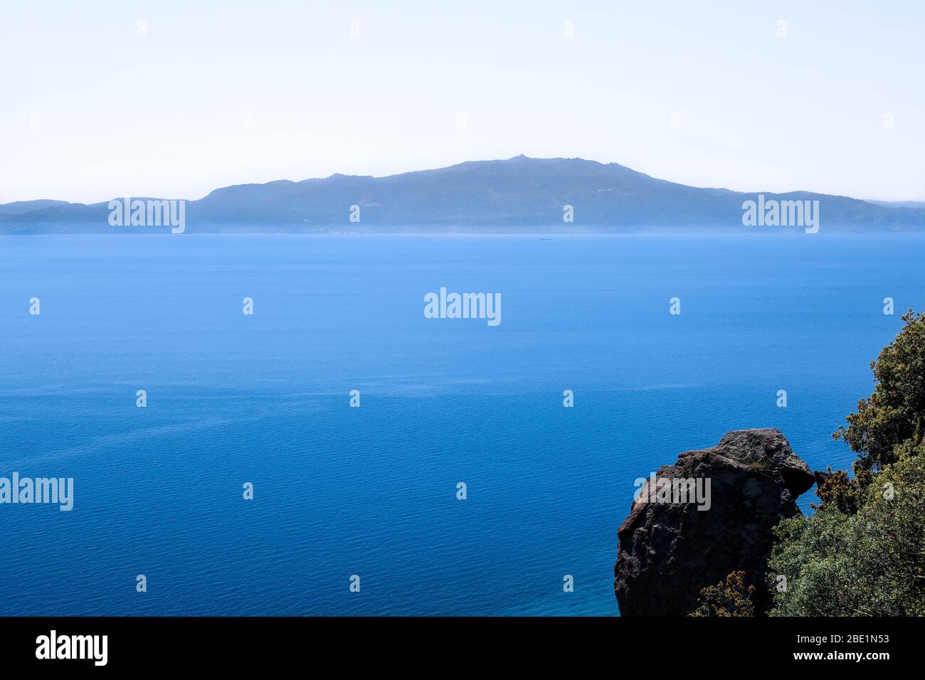 Aegean Sea at summer. View from Assos to Lesbos Island. Empty Panoramic Rock at Assos. Stock Photo