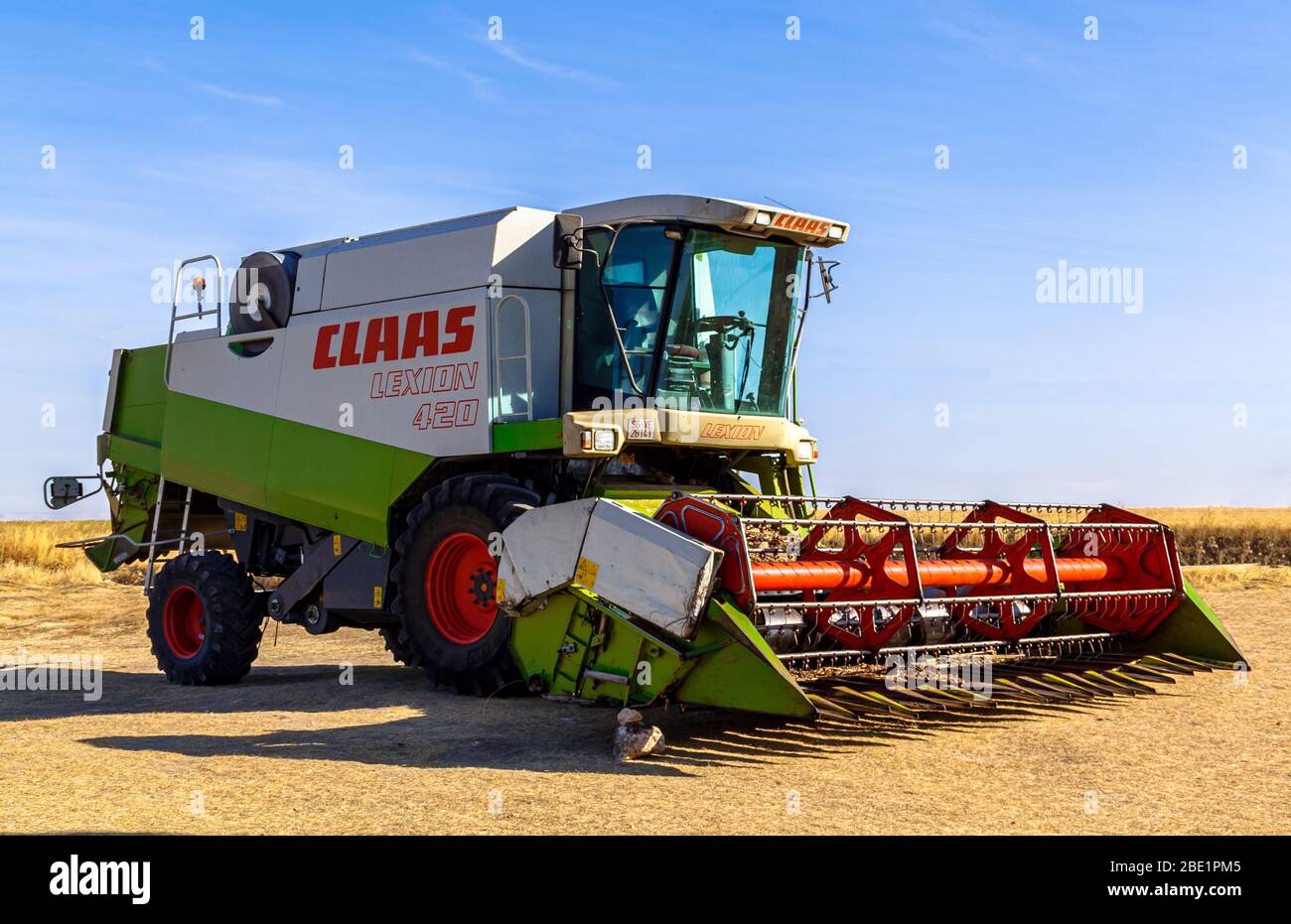 Turegano, Segovia / Spain - 09 October 2016: Combine harvester on the edge of the field. Stock Photo