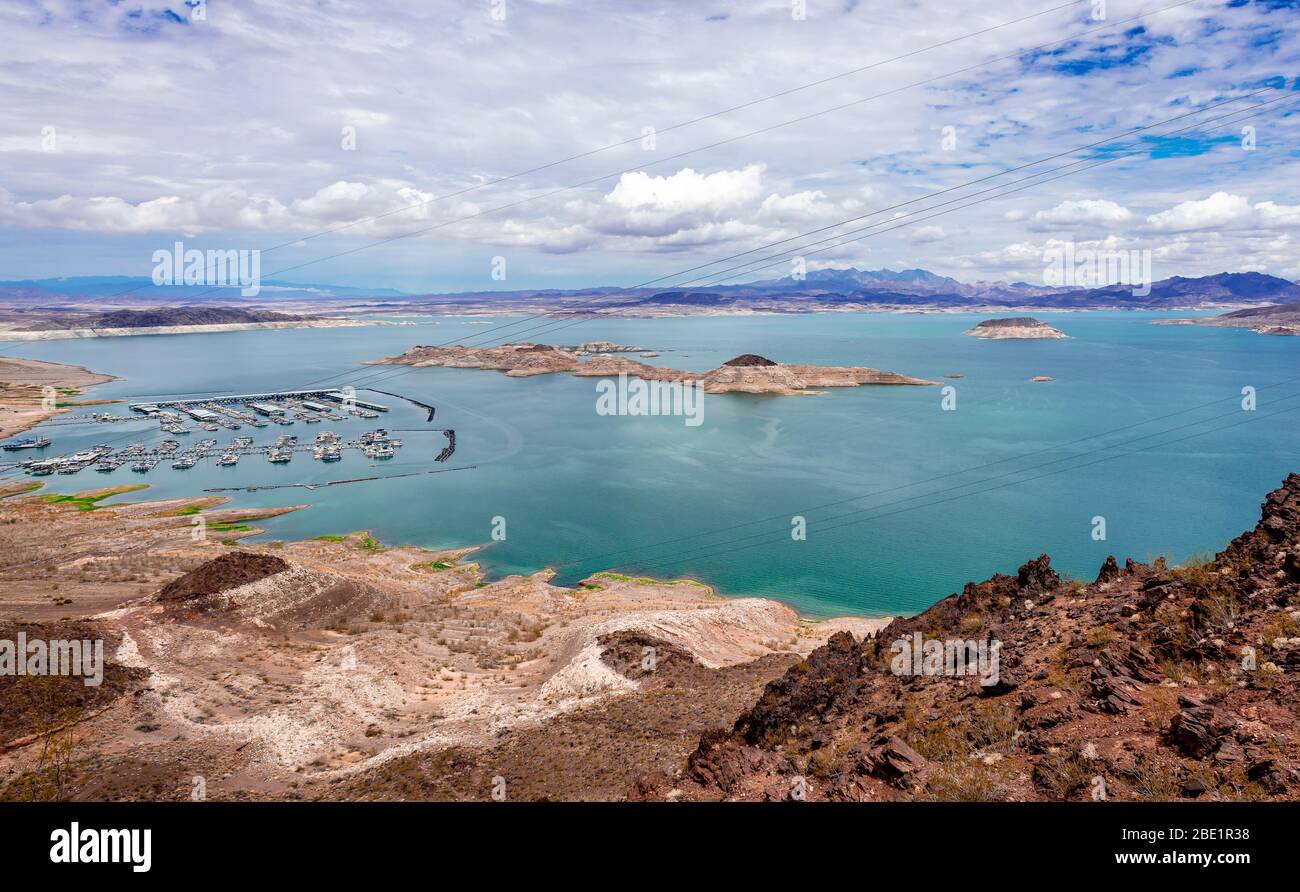 View of Lake Mead. It is a man-made lake that lies on the Colorado river. Formed by the Hoover Dam, it is the largest water reservoir in US. Stock Photo