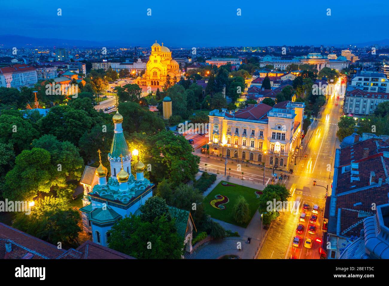 Europe, Bulgaria, Sofia, Alexander Nevsky and St Nikolai Russian orthodox cathedral, aerial view Stock Photo