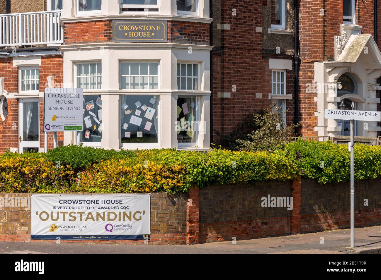 Crowstone House senior living old people's home on Southend on Sea seafront during COVID-19 Coronavirus pandemic lockdown period with artwork Stock Photo