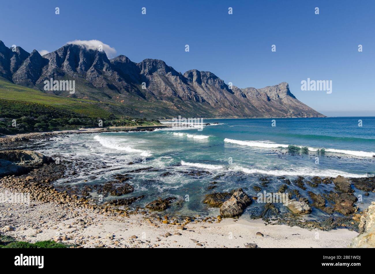 Scenic view over the sea coast to Kogelberg mountains Sonchem Link Nature Reserve and Garden route South Africa Stock Photo