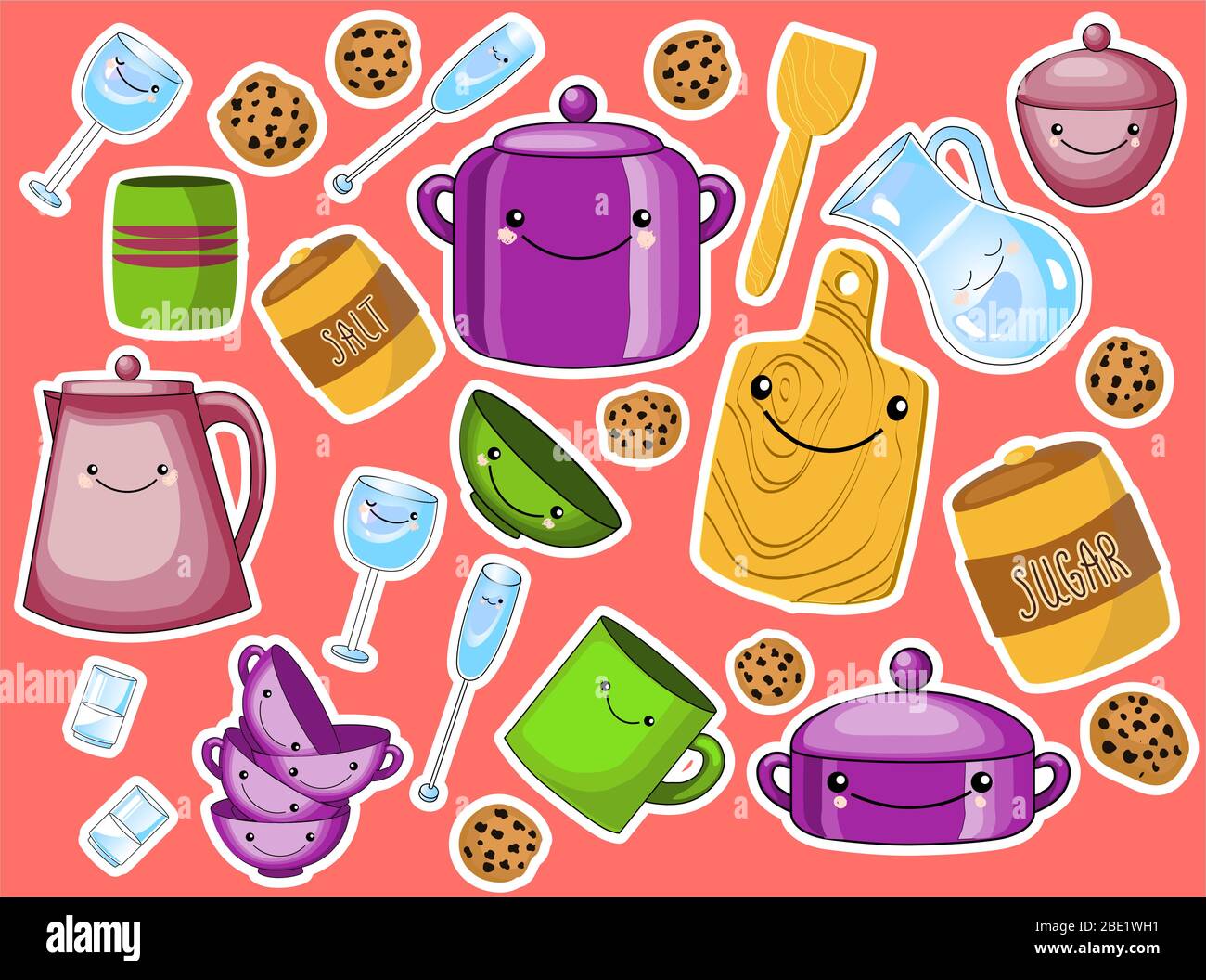 Vector set of children's kitchen and cooking drawings icons in doodle style Stock Vector