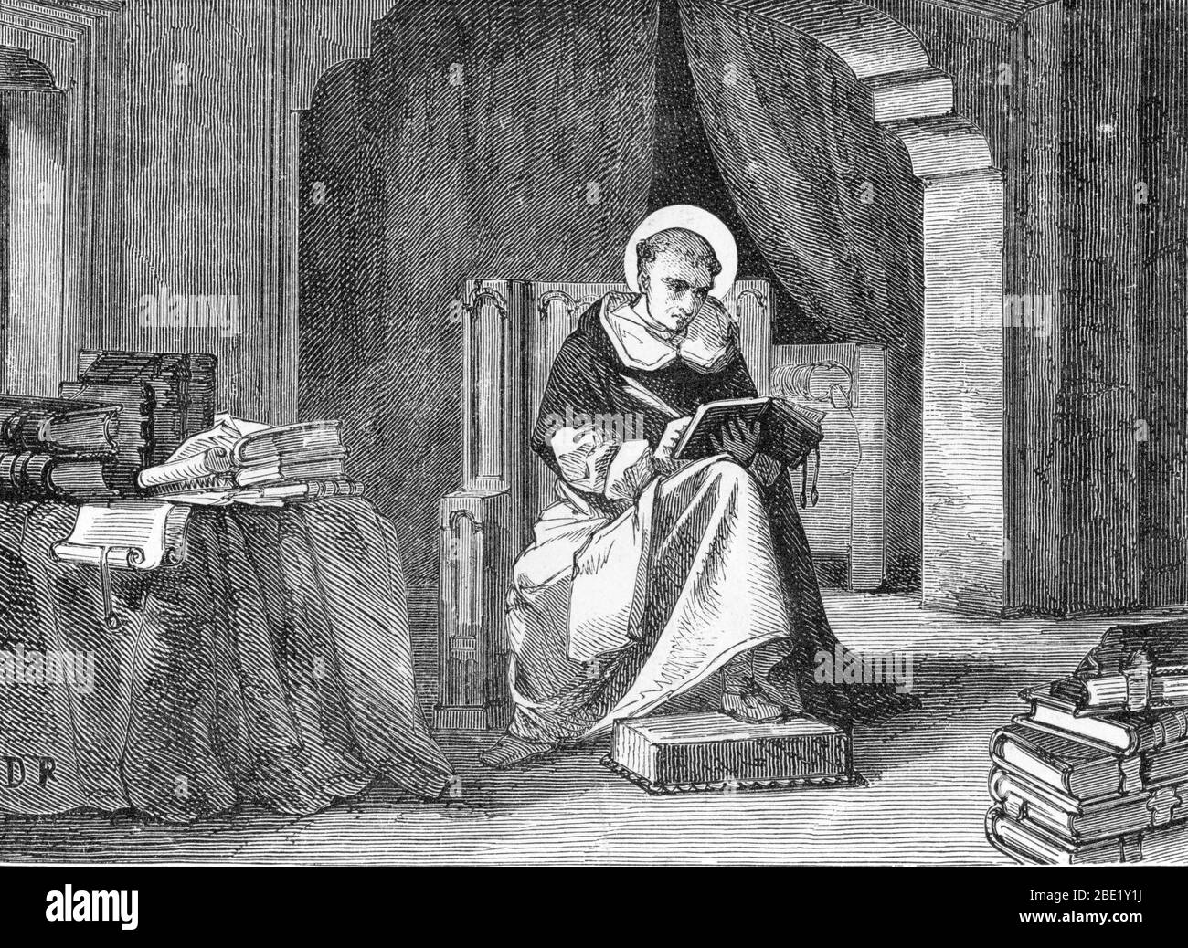 Representation de Saint Thomas d'Aquin (1225-1274) docteur de l'eglise (Thomas Aquinas or Tommaso d'Aquino) Engraving 19th century Private collection Stock Photo